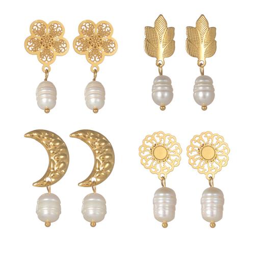 Stainless Steel Drop Earring, 304 Stainless Steel, with Plastic Pearl, plated, fashion jewelry & different styles for choice & for woman, golden, Sold By Pair
