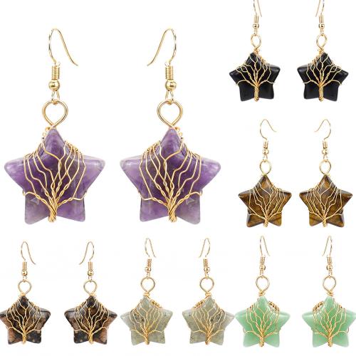 Natural Gemstone Earrings, with brass wire & Tibetan Style, Star, handmade, fashion jewelry & different materials for choice & for woman, golden, Sold By Pair