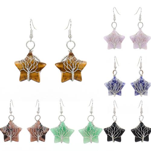 Natural Gemstone Earrings, with brass wire & Tibetan Style, Star, handmade, fashion jewelry & different materials for choice & for woman, silver color, 50x25mm, Sold By Pair