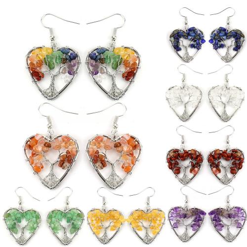 Natural Gemstone Earrings, with brass wire & Tibetan Style, Heart, handmade, different materials for choice & for woman & hollow, silver color, Sold By Pair