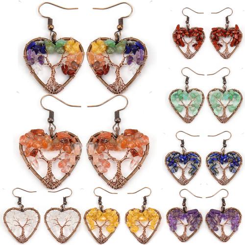 Natural Gemstone Earrings, with brass wire & Tibetan Style, Heart, handmade, different materials for choice & for woman & hollow, antique copper color, Sold By Pair