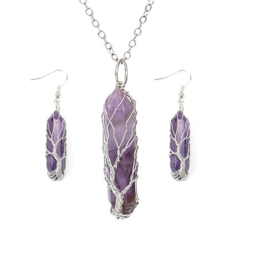 Natural Gemstone Jewelry Sets, earring & necklace, with Brass, handmade, 2 pieces & different materials for choice & for woman, Sold By Set