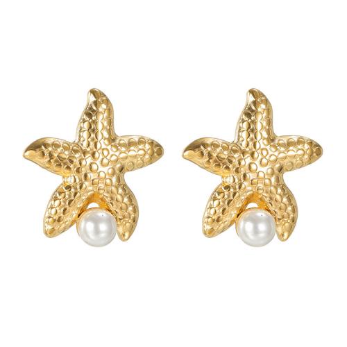 Stainless Steel Stud Earrings, 304 Stainless Steel, with Plastic Pearl, Starfish, plated, fashion jewelry & for woman, golden, Sold By Pair