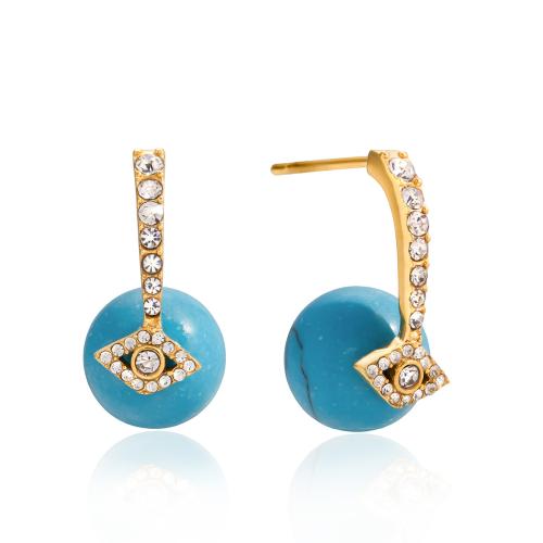 Stainless Steel Stud Earrings, 304 Stainless Steel, with Turquoise, 18K gold plated, fashion jewelry & micro pave cubic zirconia & for woman, Sold By Pair