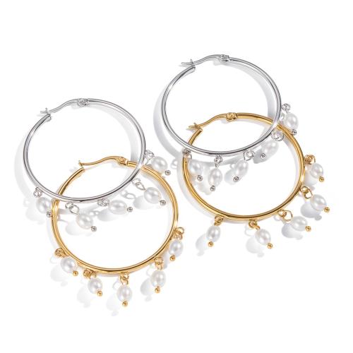 Stainless Steel Hoop Earring, 304 Stainless Steel, with Plastic Pearl, plated, fashion jewelry & for woman, Sold By PC