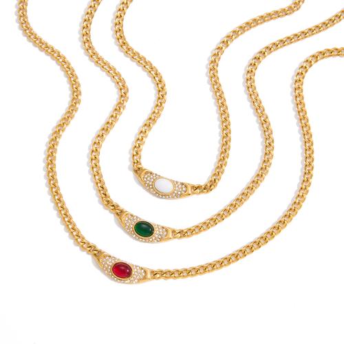 Stainless Steel Jewelry Necklace, 304 Stainless Steel, with Natural Stone, plated, fashion jewelry & for woman & with rhinestone, golden, Sold By PC
