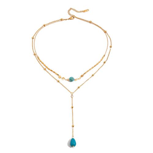 Fashion Fringe Necklace, 304 Stainless Steel, with Turquoise, plated, Double Layer & fashion jewelry & for woman, golden, Sold By PC