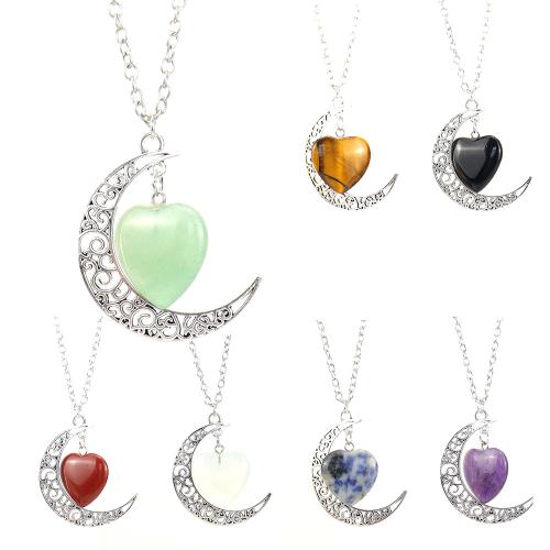 Natural Gemstone Necklace, with iron chain & Tibetan Style, handmade, different materials for choice & Unisex & hollow, Sold By PC