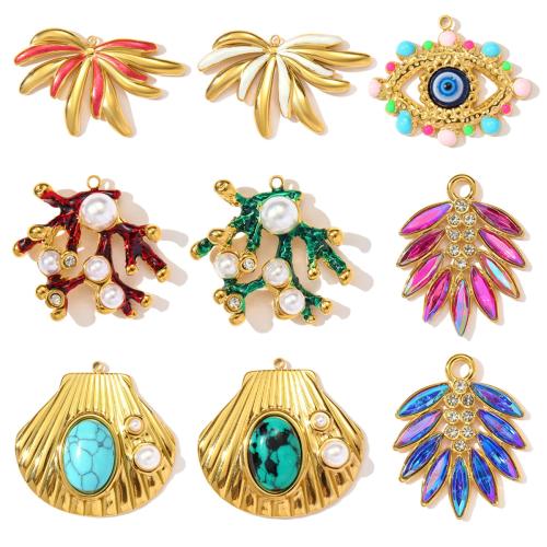 Titanium Steel Pendants, with Natural Stone & ABS Plastic Pearl & Crystal, Chicken, gold color plated, DIY & enamel & with rhinestone, more colors for choice, 3PCs/Bag, Sold By Bag
