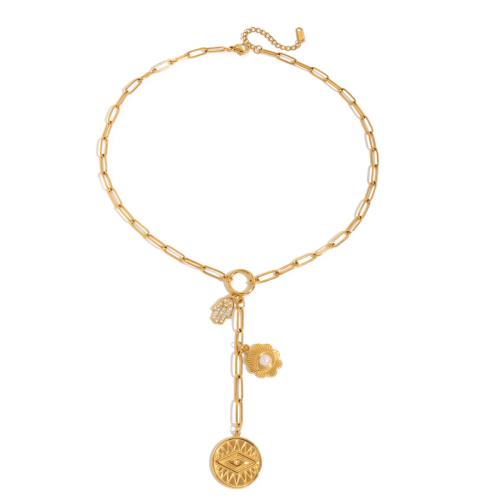 Stainless Steel Jewelry Necklace, 304 Stainless Steel, with Cubic Zirconia & Plastic Pearl, 18K gold plated, fashion jewelry & different styles for choice & for woman, Sold By PC