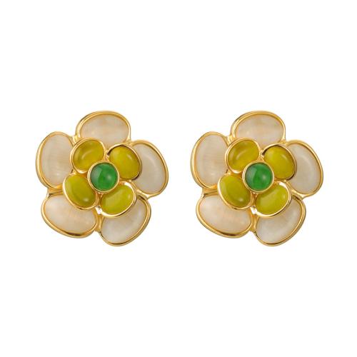 Resin Earring, 304 Stainless Steel, with Resin, Flower, plated, fashion jewelry & for woman, golden, Sold By Pair