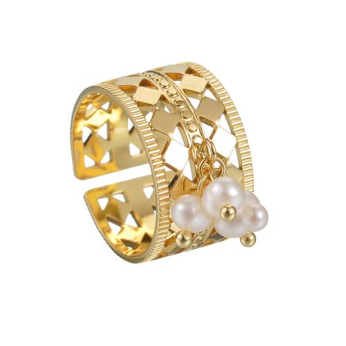 Stainless Steel Finger Ring, 304 Stainless Steel, with Plastic Pearl, plated, fashion jewelry & for woman & hollow, golden, Sold By PC