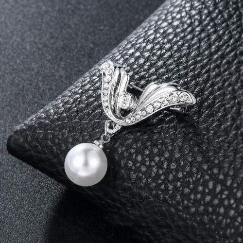 Tibetan Style Brooch, with Plastic Pearl, silver color plated, for woman & with rhinestone, 35x32mm, Sold By PC