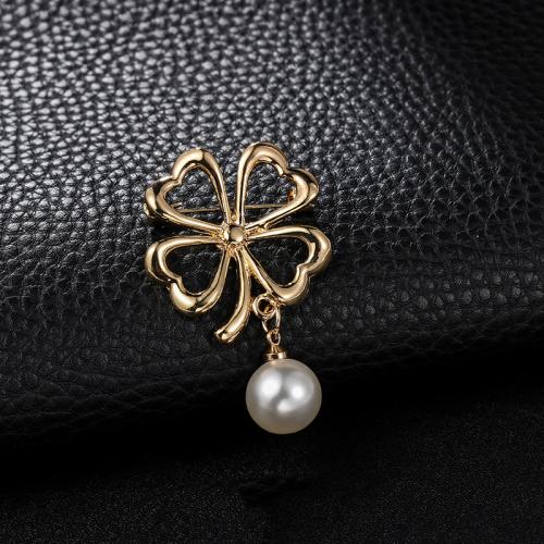 Tibetan Style Brooch, with Plastic Pearl, Four Leaf Clover, gold color plated, for woman & hollow, 29x42mm, Sold By PC