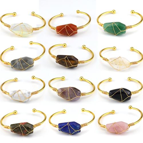 Gemstone Cuff Bangle, with brass wire & Brass, handmade, fashion jewelry & different materials for choice & for woman, golden, Sold By PC