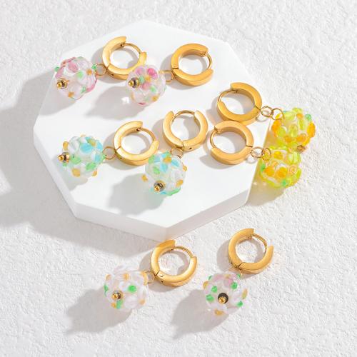 Huggie Hoop Drop Earring, 304 Stainless Steel, with Lampwork, gold color plated, fashion jewelry & for woman, more colors for choice, Sold By Pair