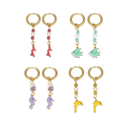 Stainless Steel Drop Earring, 304 Stainless Steel, with Plastic Pearl, gold color plated, different styles for choice & for woman & enamel, more colors for choice, Sold By Pair