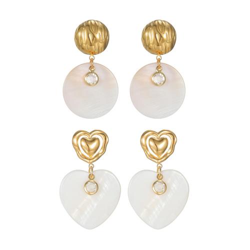 Stainless Steel Drop Earring, 304 Stainless Steel, with White Shell, plated, different styles for choice & for woman & with rhinestone, golden, Sold By Pair