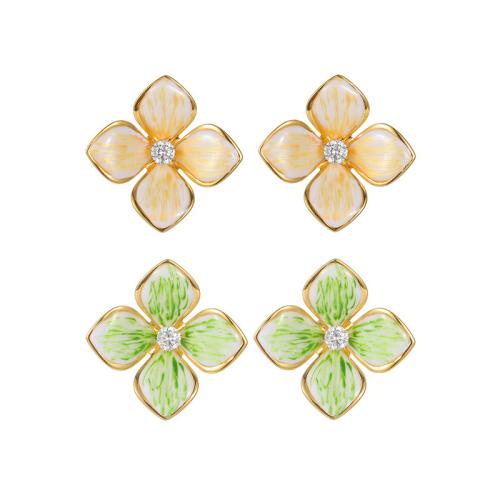 Stainless Steel Stud Earrings, 304 Stainless Steel, Flower, gold color plated, for woman & enamel & with rhinestone, more colors for choice, Sold By Pair