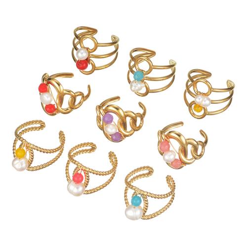 Stainless Steel Finger Ring, 304 Stainless Steel, with Resin & Plastic Pearl, gold color plated, different styles for choice & for woman & hollow, more colors for choice, Sold By PC