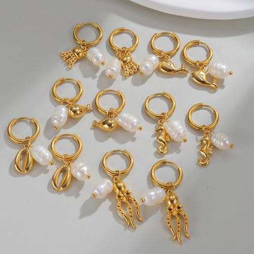 Stainless Steel Drop Earring, 304 Stainless Steel, with Plastic Pearl, plated, fashion jewelry & different styles for choice & for woman, golden, Sold By Pair
