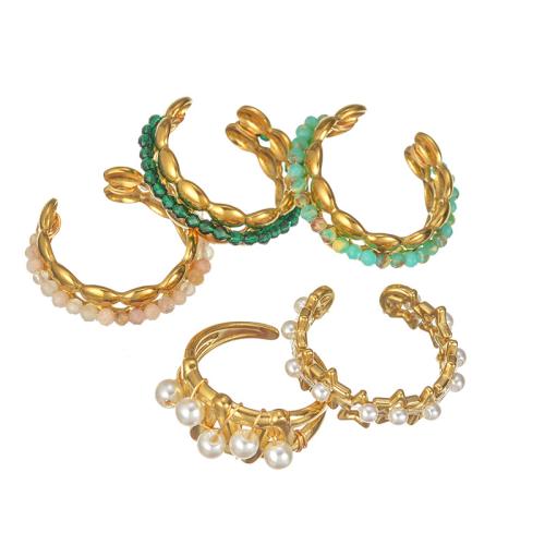 Stainless Steel Finger Ring, 304 Stainless Steel, with Plastic Pearl, plated, fashion jewelry & different styles for choice & for woman, golden, Sold By PC