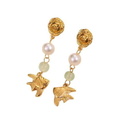 Stainless Steel Drop Earring, 304 Stainless Steel, with Resin & Plastic Pearl, plated, fashion jewelry & different styles for choice & for woman, golden, Sold By PC