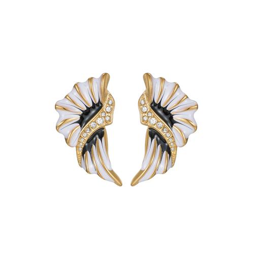 Stainless Steel Stud Earrings, 304 Stainless Steel, Wing Shape, gold color plated, for woman & enamel & with rhinestone, more colors for choice, Sold By Pair