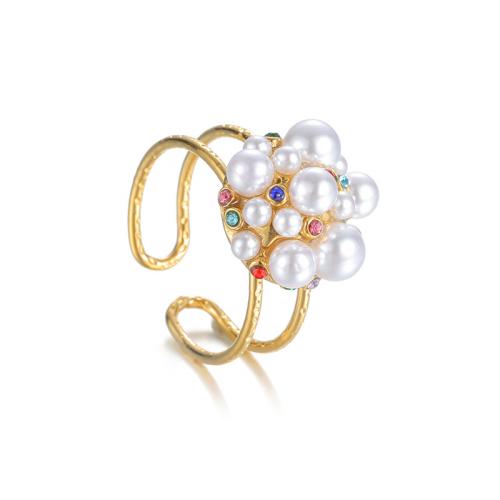 Rhinestone Stainless Steel Finger Ring, 304 Stainless Steel, with Plastic Pearl, plated, different styles for choice & for woman & with rhinestone & hollow, golden, Sold By PC