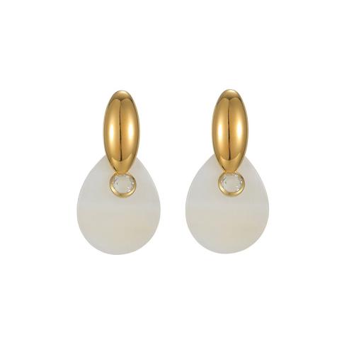 Stainless Steel Stud Earrings, 304 Stainless Steel, with White Shell, Teardrop, gold color plated, fashion jewelry & for woman & with rhinestone, Sold By Pair