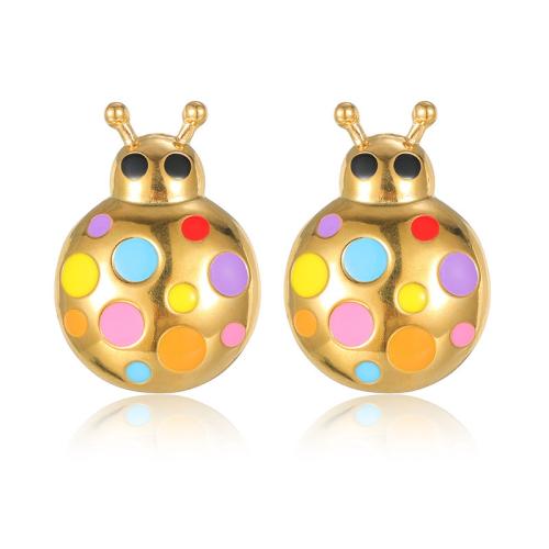 Stainless Steel Stud Earrings, 304 Stainless Steel, Ladybug, gold color plated, fashion jewelry & for woman & enamel, multi-colored, Sold By Pair