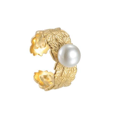 Stainless Steel Finger Ring, 304 Stainless Steel, with Plastic Pearl, plated, fashion jewelry & different styles for choice & for woman, golden, Sold By PC