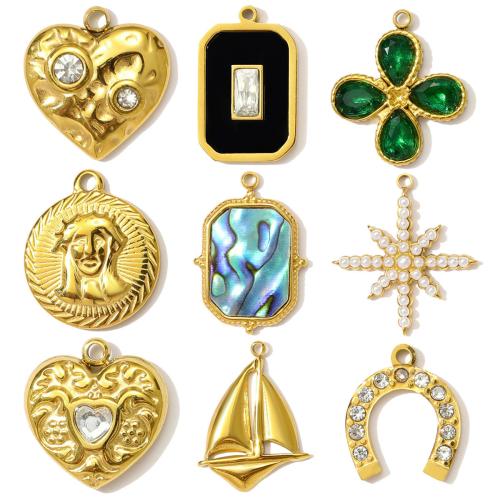 Stainless Steel Pendants, 304 Stainless Steel, with Glass Stone & Shell & ABS Plastic, plated, DIY & micro pave cubic zirconia & with rhinestone, more colors for choice, 3PCs/Bag, Sold By Bag