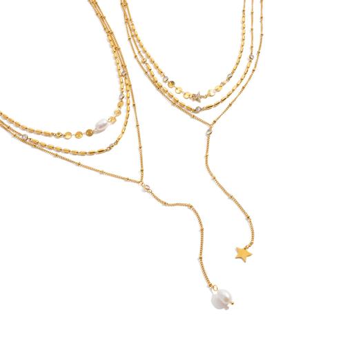 Stainless Steel Jewelry Necklace, 304 Stainless Steel, with Cubic Zirconia & Plastic Pearl, 18K gold plated, three layers & different styles for choice & for woman, Sold By PC