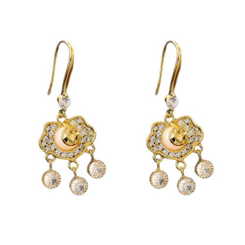 Cubic Zirconia Micro Pave Brass Earring, with White Chalcedony, 18K gold plated, fashion jewelry & micro pave cubic zirconia & for woman, 26x20mm, Sold By Pair