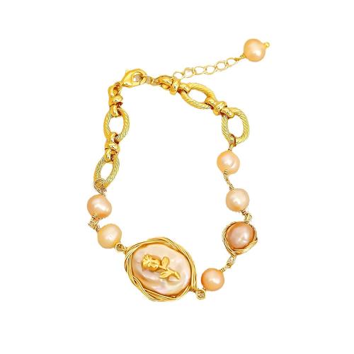 Freshwater Cultured Pearl Bracelet, Brass, with Freshwater Pearl, with 3cm extender chain, 18K gold plated, fashion jewelry & for woman, Length:17 cm, Sold By PC