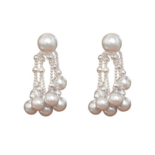 Glass Pearl Earring, Brass, with Glass Beads, plated, fashion jewelry & for woman, silver color, Diameter: 3.4cm; Pearl 8-4mm, Sold By PC