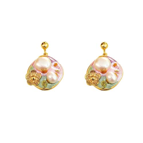 Freshwater Pearl Earrings, Brass, with Freshwater Pearl, painted, fashion jewelry & for woman, golden, 25x18mm, Sold By Pair
