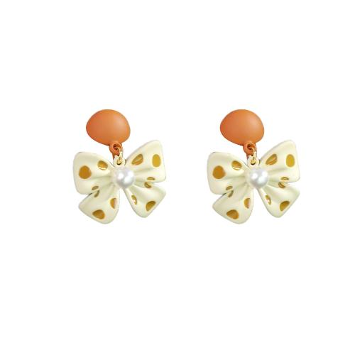 Brass Drop Earring, with Plastic Pearl, Bowknot, painted, fashion jewelry & for woman, 22x17mm, Sold By Pair