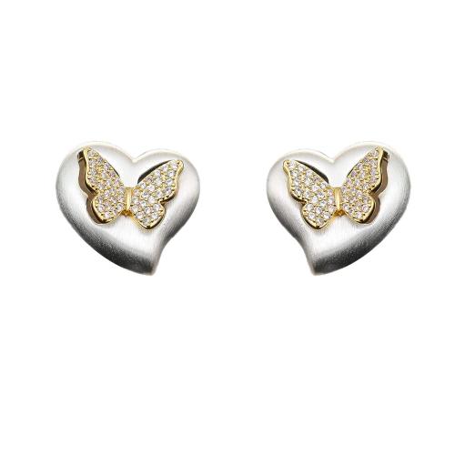 Cúbicos Circonia Pendiente Latón Micro pavimenta, metal, Corazón, chapado en oro de 14 K, cepillado & micro arcilla de zirconia cúbica & para mujer, plateado, 15x16mm, Vendido por Par