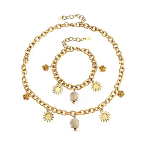 Cubic Zirconia Stainless Steel Jewelry Sets, bracelet & necklace, Titanium Steel, gold color plated, fashion jewelry & micro pave cubic zirconia, more colors for choice, Sold By PC