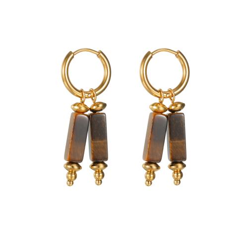 Stainless Steel Drop Earring, 304 Stainless Steel, with Tiger Eye, plated, fashion jewelry & different styles for choice & for woman, golden, Sold By Pair