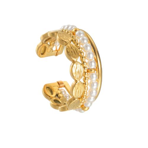 Stainless Steel Finger Ring, 304 Stainless Steel, with Plastic Pearl, plated, fashion jewelry & for woman & hollow, golden, Sold By PC