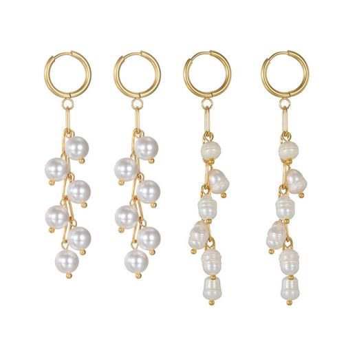Stainless Steel Drop Earring, 304 Stainless Steel, with Plastic Pearl, plated, fashion jewelry & different styles for choice & for woman, golden, Sold By PC