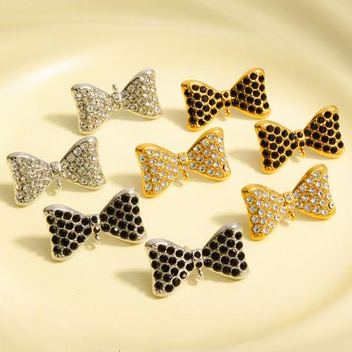 Stainless Steel Stud Earrings, 304 Stainless Steel, Bowknot, plated, fashion jewelry & with rhinestone, more colors for choice, 22.80x25.20mm, Sold By Pair