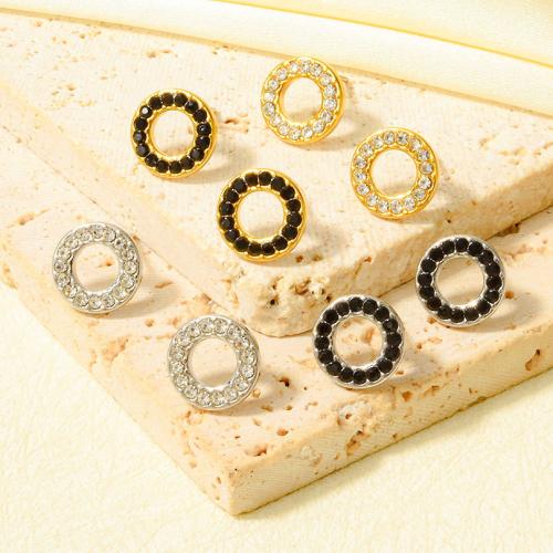 Stainless Steel Stud Earrings, 304 Stainless Steel, Round, plated, fashion jewelry & with rhinestone & hollow, more colors for choice, 10.50x10.50mm, Sold By Pair