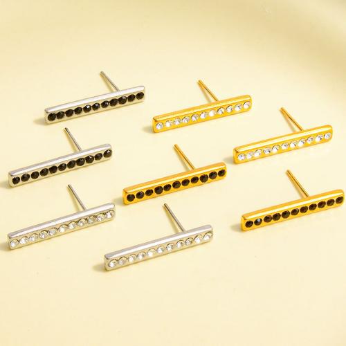 Stainless Steel Stud Earrings, 304 Stainless Steel, plated, fashion jewelry & with rhinestone, more colors for choice, 22x3.80mm, Sold By Pair