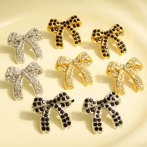 Stainless Steel Stud Earrings, 304 Stainless Steel, Bowknot, plated, fashion jewelry & with rhinestone, more colors for choice, 16x27.50mm, Sold By Pair