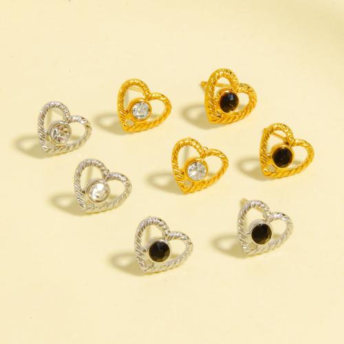 Stainless Steel Stud Earrings, 304 Stainless Steel, Heart, plated, fashion jewelry & with rhinestone, more colors for choice, 8.90x10mm, Sold By Pair