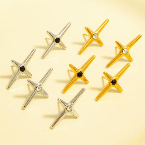 Stainless Steel Stud Earrings, 304 Stainless Steel, Cross, plated, fashion jewelry & with rhinestone, more colors for choice, 23.20x14mm, Sold By Pair